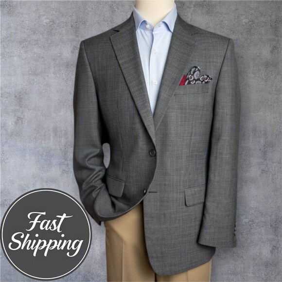 EISENBERG Men’s 42L Gray Wool Blazer Sport Coat 2-Button Classic Fit Jacket